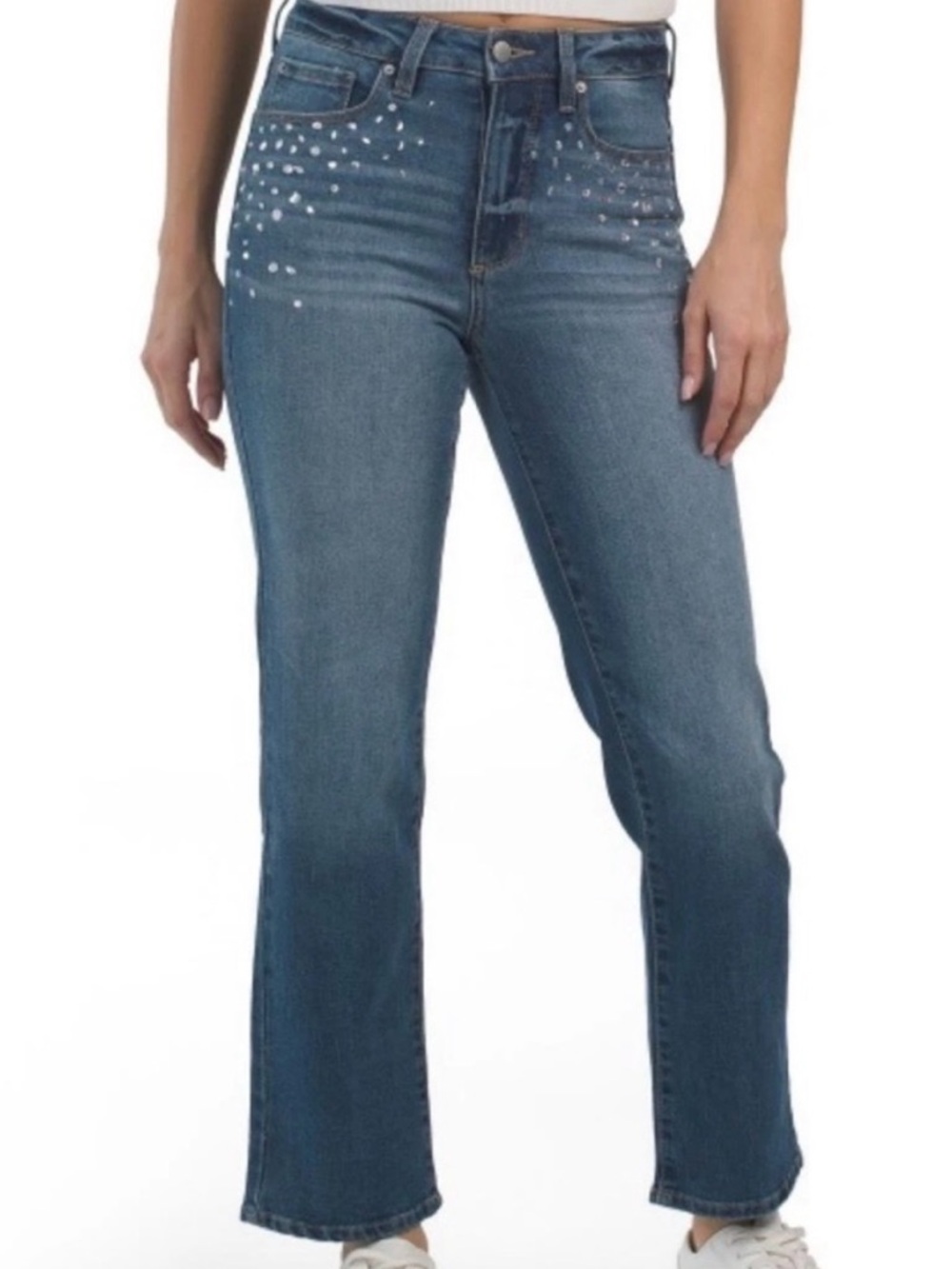 Blue Revival High-Rise Blue Jeans with Crystal Embellished Accent